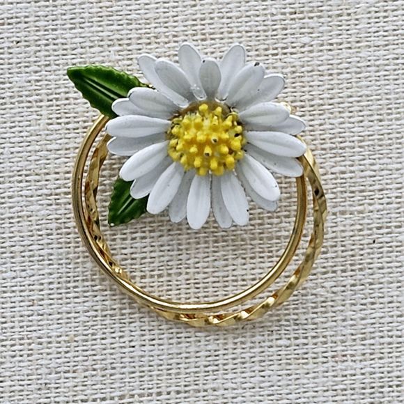 Daisy Flower Brooch Vintage Enamel Double Circle 10k Gold Plated 3D Jewelry - Picture 2 of 9